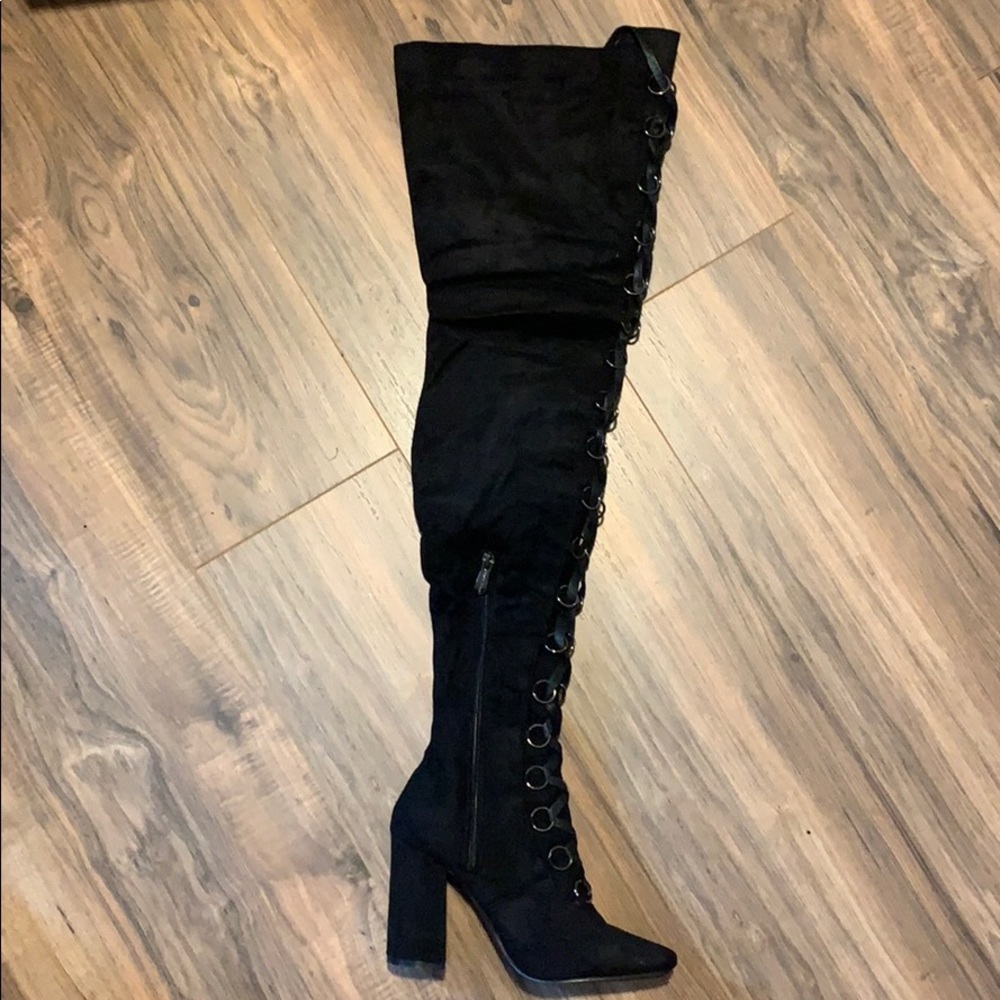 Black Suede Mid Thigh Heels